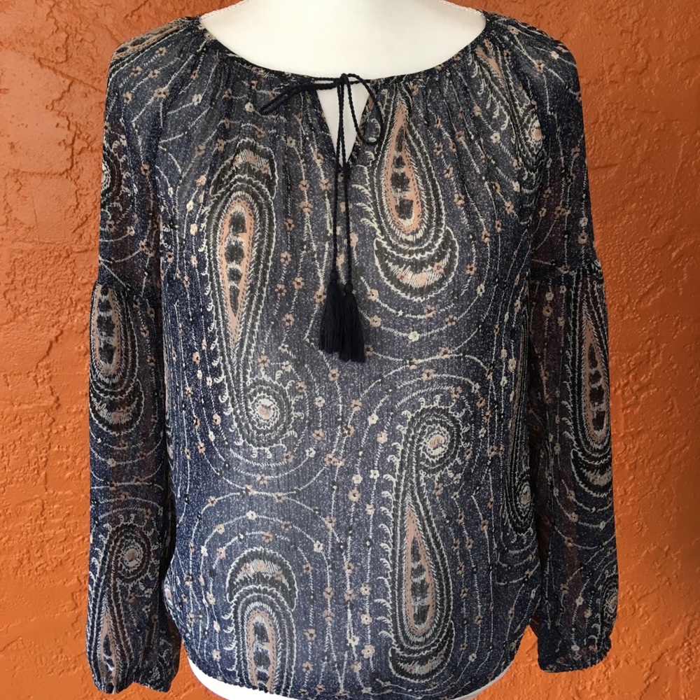 Lucky Brand NWOT Sheer Paisley Top with tassel tie
